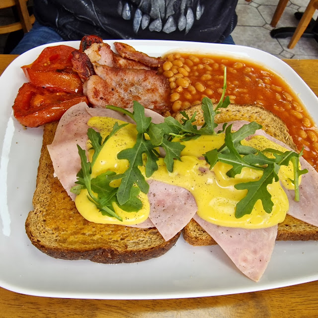 Eggs Benedict with Ham Extra Beans and Tomato