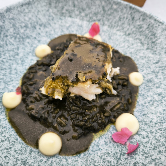 Rodaballo Con Crema de Puerro Salsa de Tinta de Calamar Y Habitas Estofadas