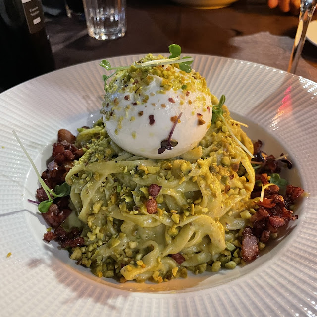 Pistachio and Burrata Parpardelle with Crispy Panchetta