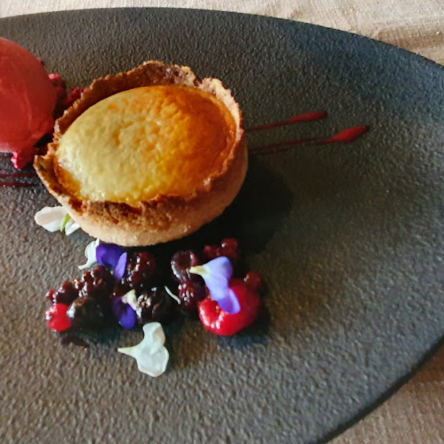 Tempered Cheese Cake with Raspberry and Violet Sorbet