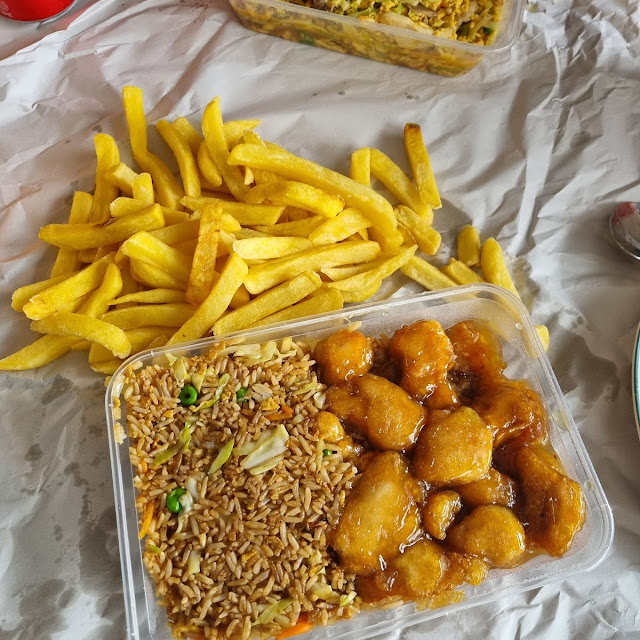 Half Fried Rice and Honey Chicken with Chips