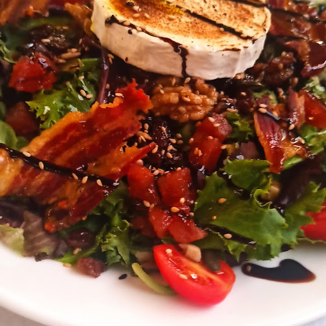 Goat Cheese Salad with Dried Fruits and Crispy Pork Belly