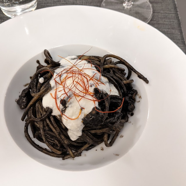 Guitar Spaghetti with Cuttlefish Ink and Spicy Ricotta Cheese