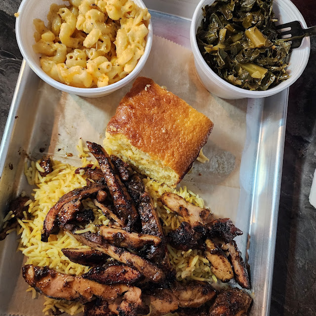 Jerk Chicken Dinner with Mac and Cheese and Green Beans