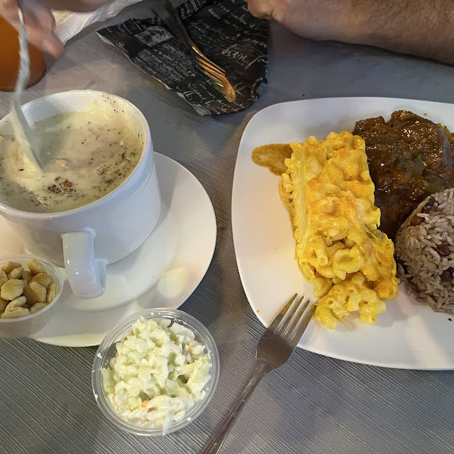 Chicken Stew with Brown Gravy Man and Cheese and Rice and Beans Clam Chowder and Cole Slaw