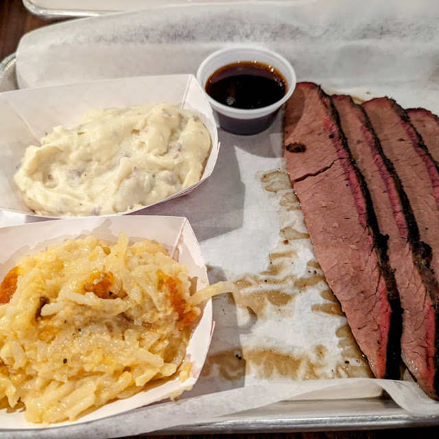 Brisket with Garlic Mashed Potatoes and Cheese Hash Browns
