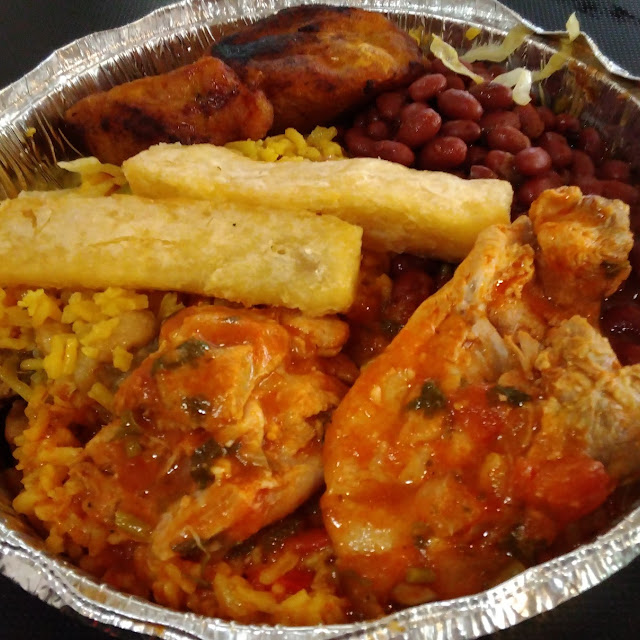 Chicken Stew with Pork Rice Pinto Beans Yucca and Plantains