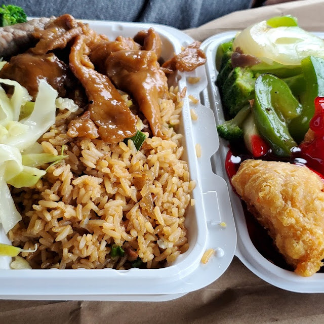 Noodles Teriyaki Pork Egg Rolls Chicken Balls and Chips