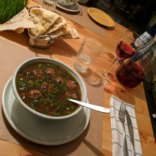 Bozbashi - Spicy Beef Broth with Meatballs and Herbs