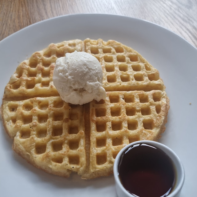 Waffle with Vanilla Ice Cream and Syrup