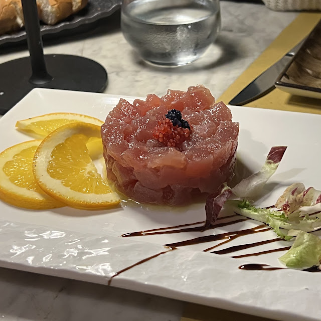 Tuna Tartare with Melon and Raspberry Juice