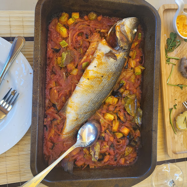 Fish Backed in Oven with Traditional Sauce and Vegetables
