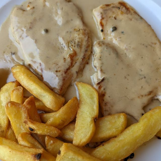 Chicken with Peppercorn Sauce and Fries