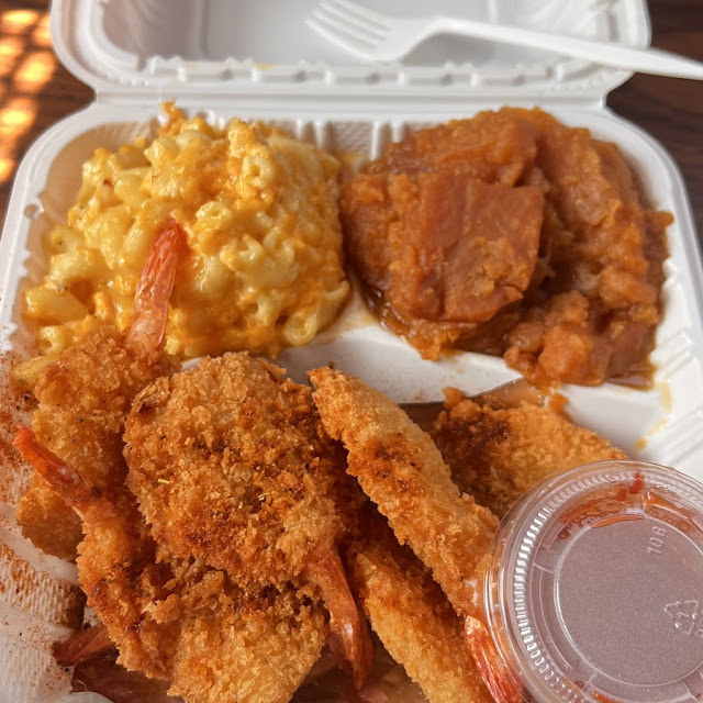 Fried Shrimp Platter Candied Yams Mac and Cheese