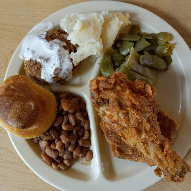 Fried Chicken Boneless Pork Chop Fried Green Tomatoes Pinto Beans Roll Green Beans