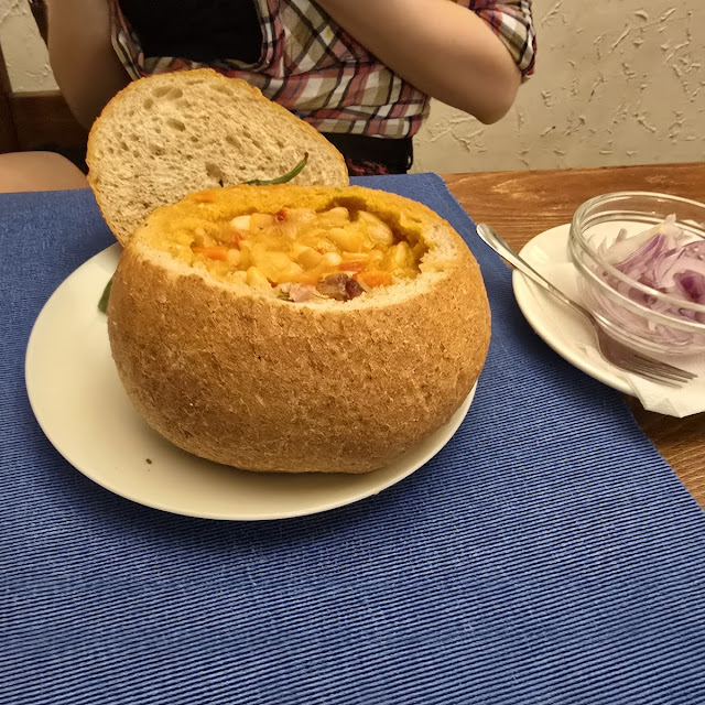 Bean Soup with Smoked Pork Served in a Bread Bowl