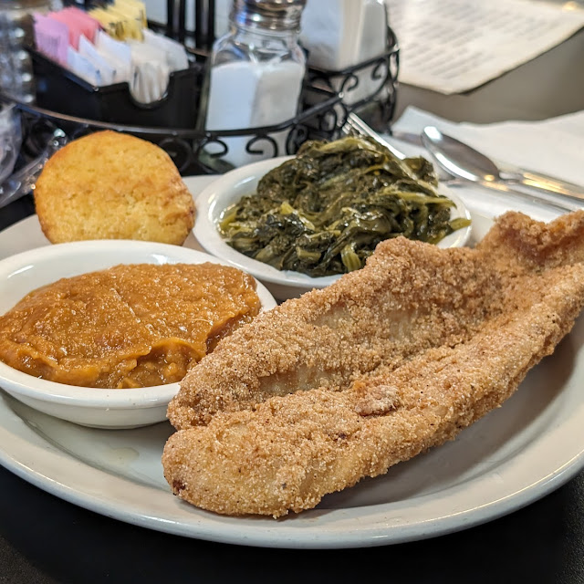 Fried Catfish Dinner with Sweet Potatoes and Collard Greens