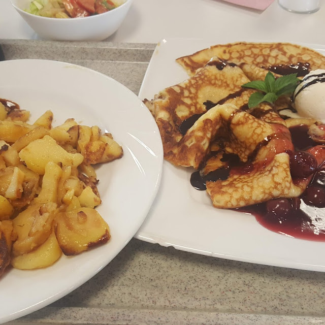 Crepes and Bratwurst with Potatos