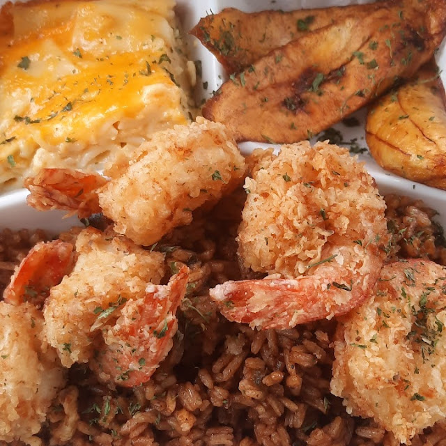 Butterfly Shrimp Conch Rice Mac and Fry Plantains