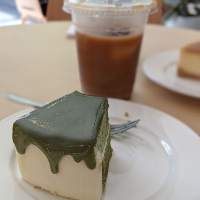 Green Tea Matcha Cake Slice and Flat White