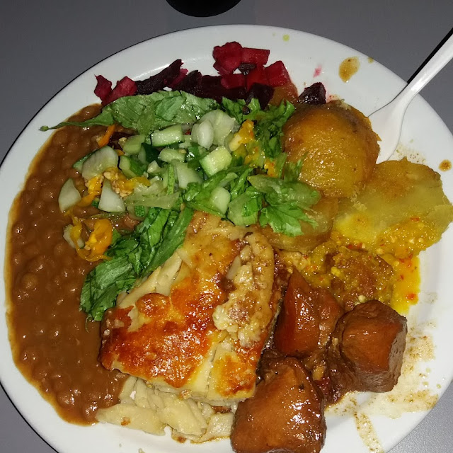 Lentil Peas Sweet Potato Beet Root Macaroni Pie Green Salad & Mudda in Law