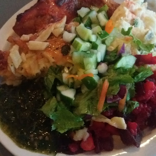 Macaroni Pie Callaloo Potato Salad Beetroot Green Salad and Baked Chicken