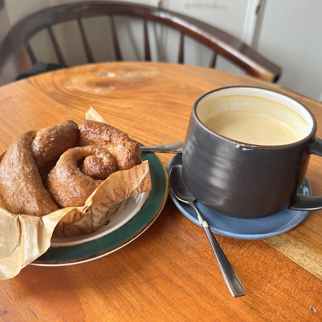 Cinnamon Roll and White Rabbit Latte