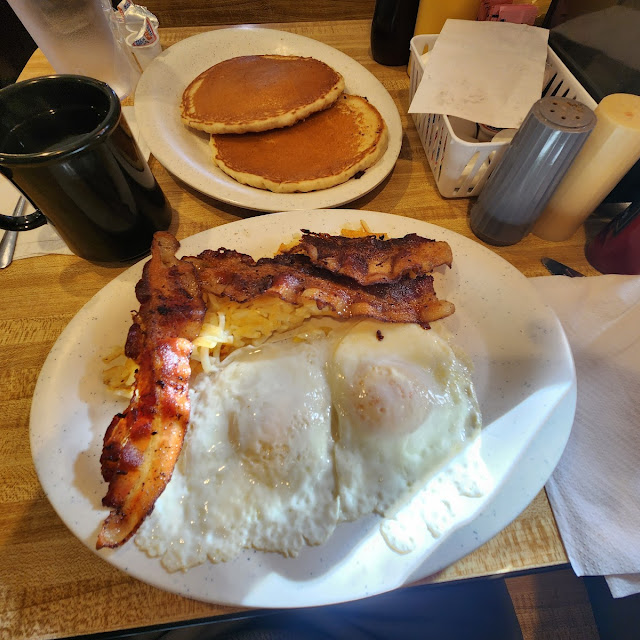 Eggs Bacon Hasbrowns with Pancakes