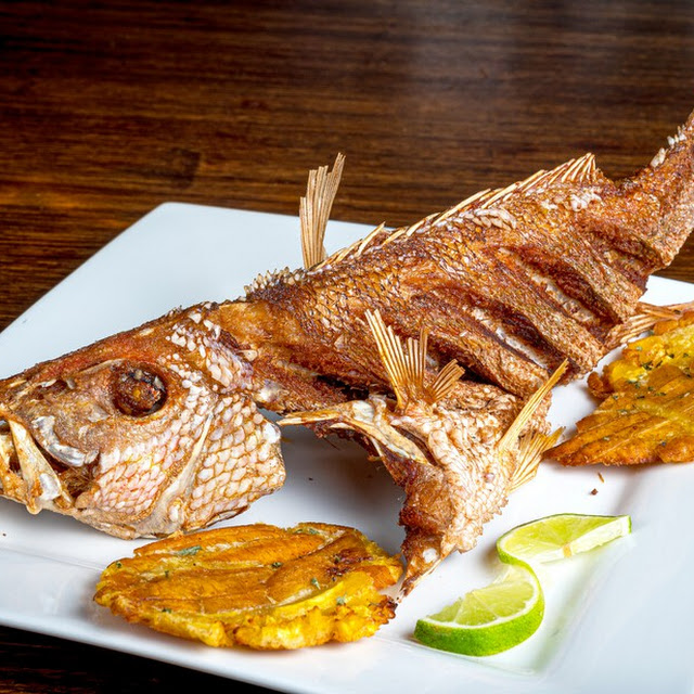 Mojarra Frita with Rice and Fried Green Plantain