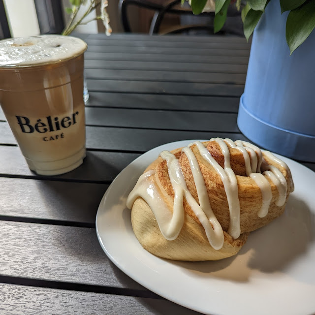 Iced Vanilla Cappuccino and Cinnamon Roll