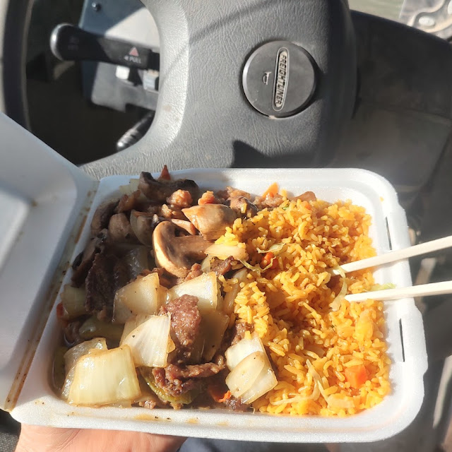 Veggie Rice with and Szechuan Beef and Chicken with Mushroom