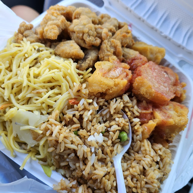 White Chowmein with Almond Chicken Sweet Sour Pork