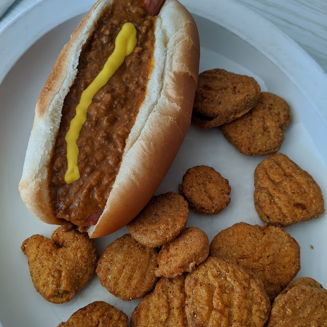Coney Dog and Fried Pickle Chips