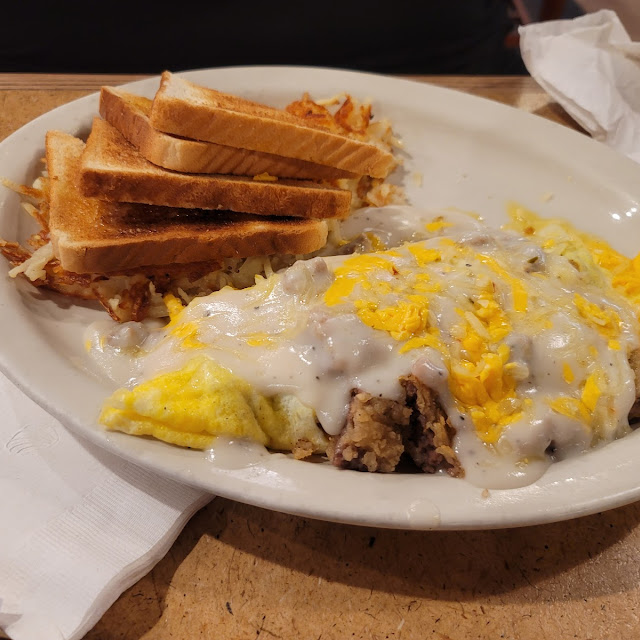 Country Fried Steak Omelette with Gravy and Hash Browns