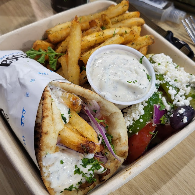 Gyrosa Wrap Box with Chicken Souvlaki Gyrosa Fries and Greek Salad