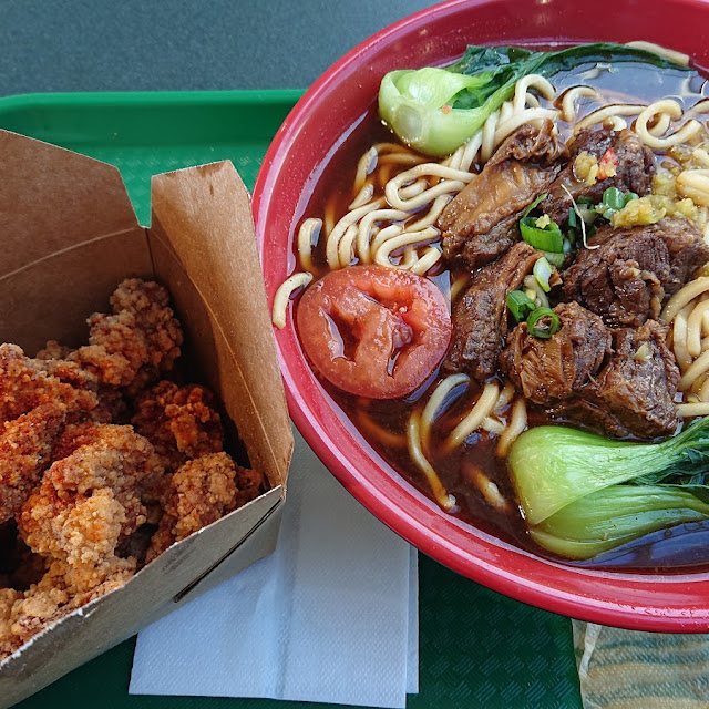 Taiwanese Beef Noodle at Right Deep Fried Chicken Nuggets