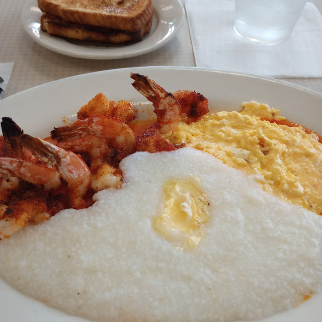 Shrimp Scampi w Grits and Larry Style Eggs
