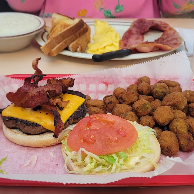 Cheeseburger with Bacon and Fried Okra