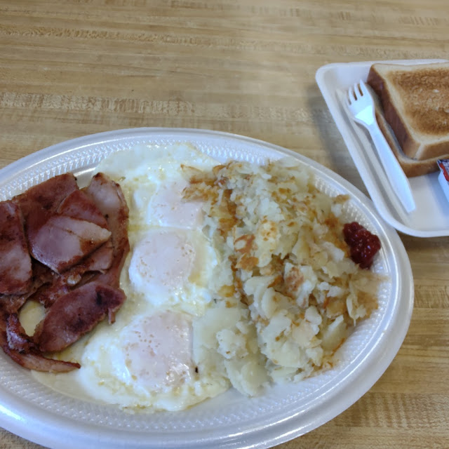 Off the Bone Ham with 3 Eggs Has Browns and Toast