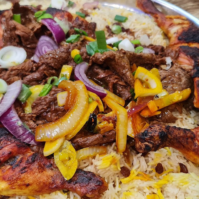 Rice with Sukaar Beef Steak and Chicken