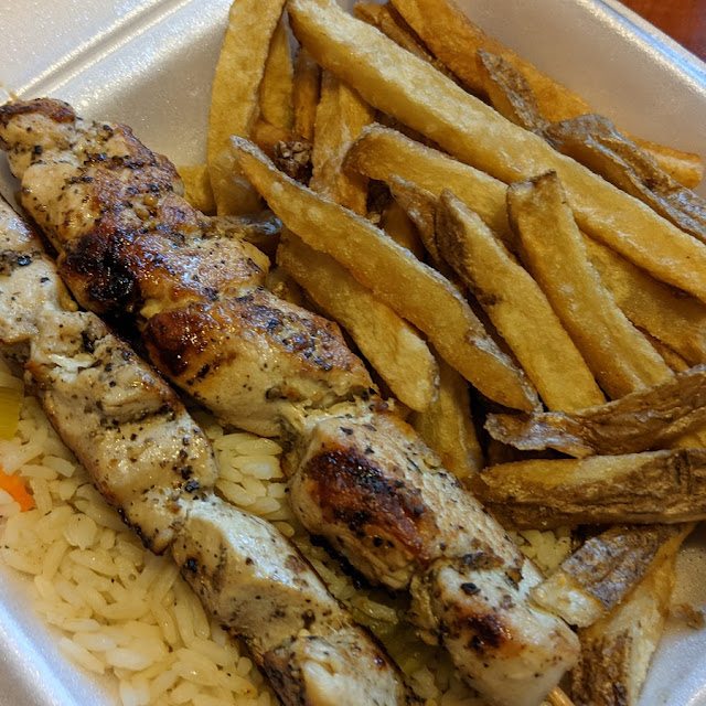 Chicken Souvlaki Dinner with Rice Fries and Tzatziki Sauce