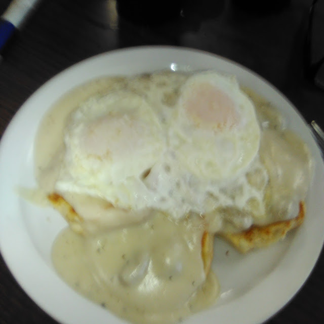Full Order of Biscuits and Gravy with Side Order of 2 Overeasy Eggs on Top