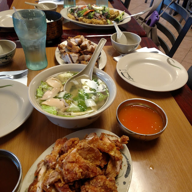 Beef with Broccoli Cake Noodle Abalone Soup and Crispy Chicken with Lemon and Oyster Sauce