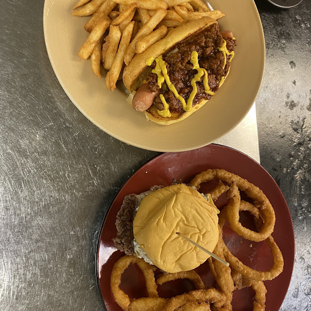 Coney Dog with Fries and Olive Burger with Onion Rings