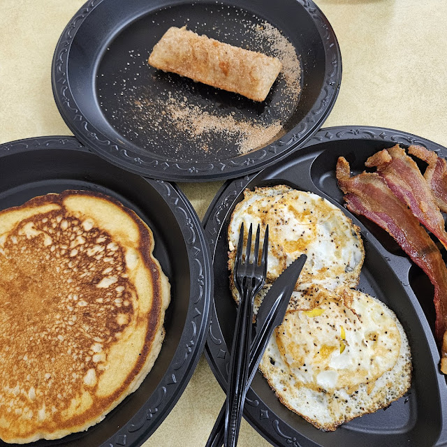 2 Eggs and Bacon Plate with Pancake and Apple Pie