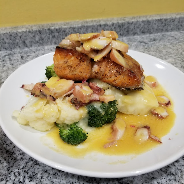 Grilled Salmon with Octopus over Yuca Mashed