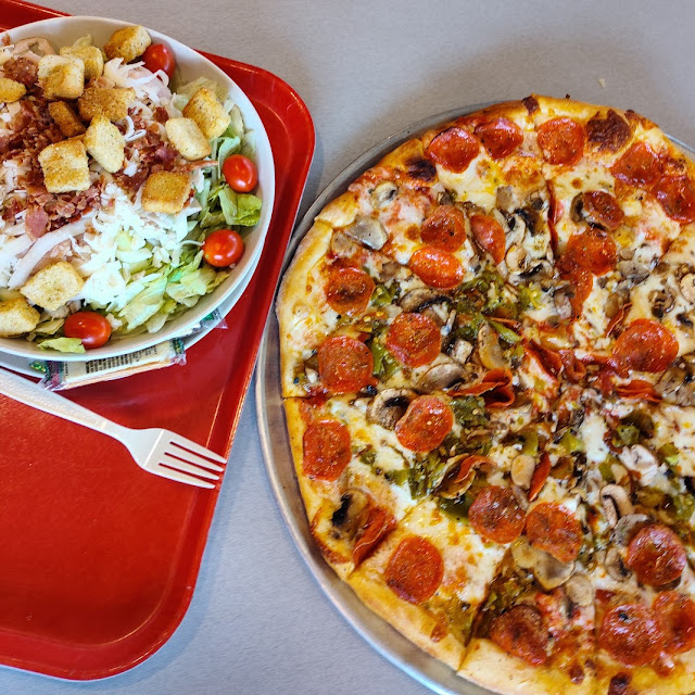 Pepperoni Mushroom Green Chili Pizza and a Salad