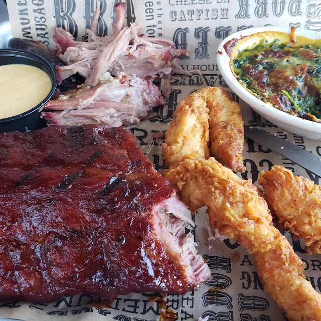Baby Back Ribs Pulled Pork Chicken Tenders with a Side of Cheese Spinach