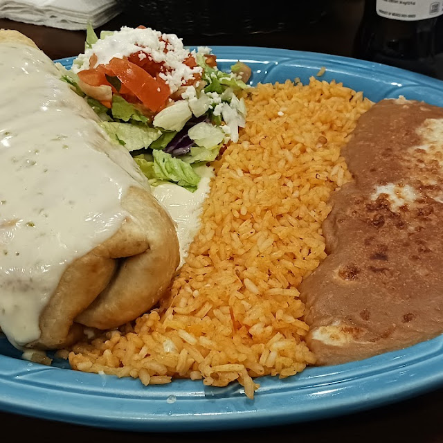 Chimichanga with Refried Beans and Rice