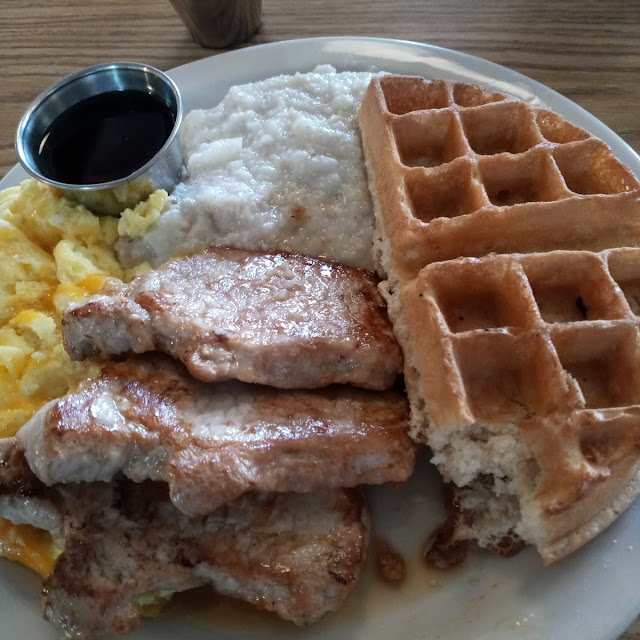 Three Pork Chops Waffle Grits and Cheesy Scrambled Eggs
